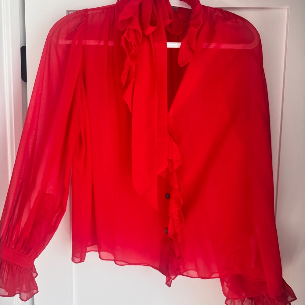 Frame Red Chiffon Blouse with Neck Tie